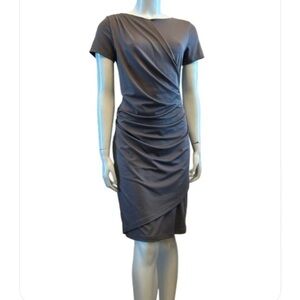 Heine Gray Ruched Sheath Dress with Asymmetrical Neckline and Short Sleeves.